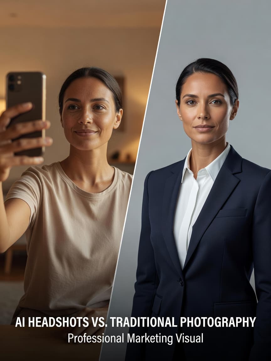 Split image comparing a casual smartphone selfie with a professional AI-generated studio headshot