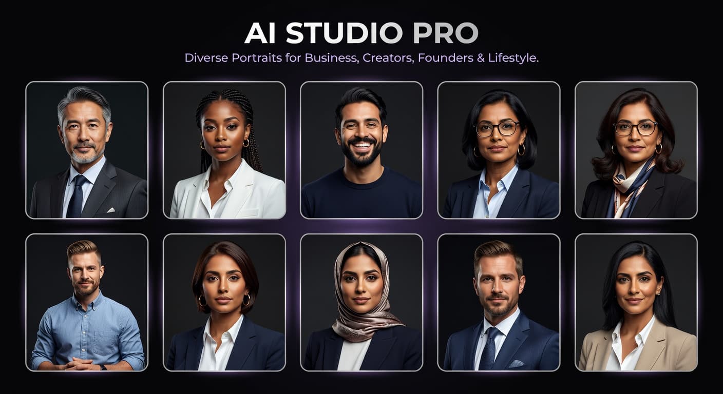 Collage of AI headshots, business portraits, and creator profile pictures created with SelfAI – AI Photo Studio
