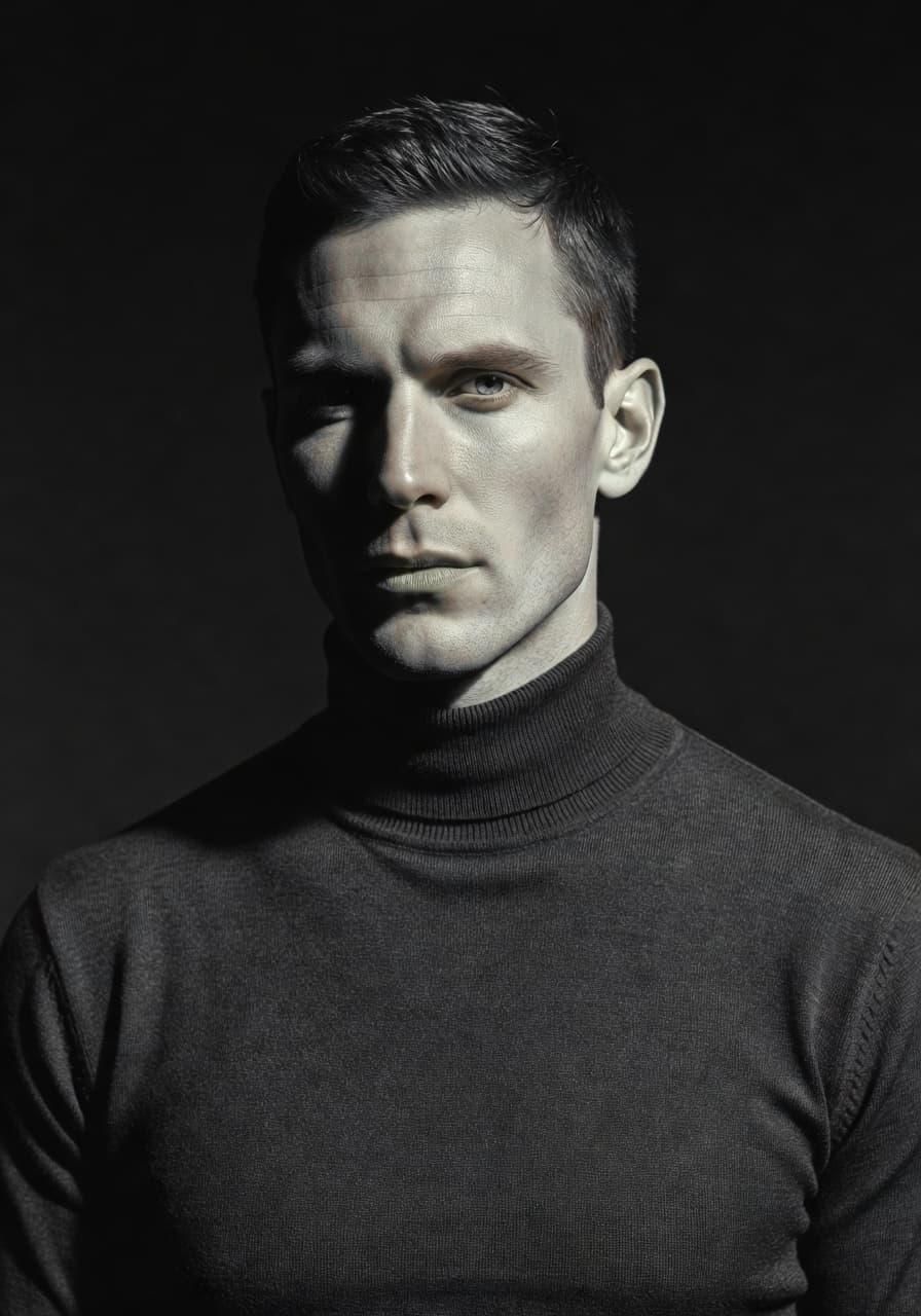 Monochrome black and white AI editorial portrait created with SelfAI