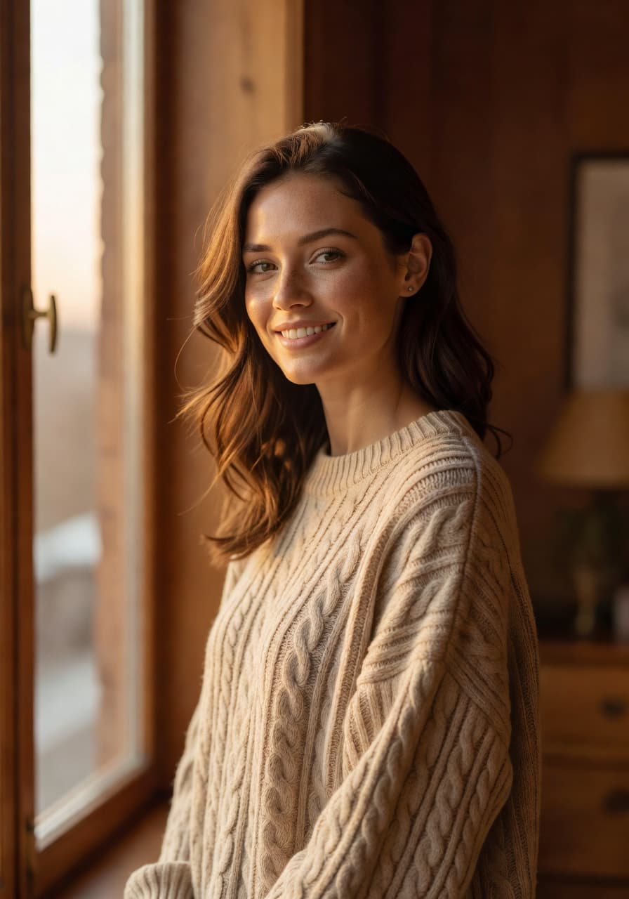 Natural light AI portrait with golden window glow from SelfAI photo studio