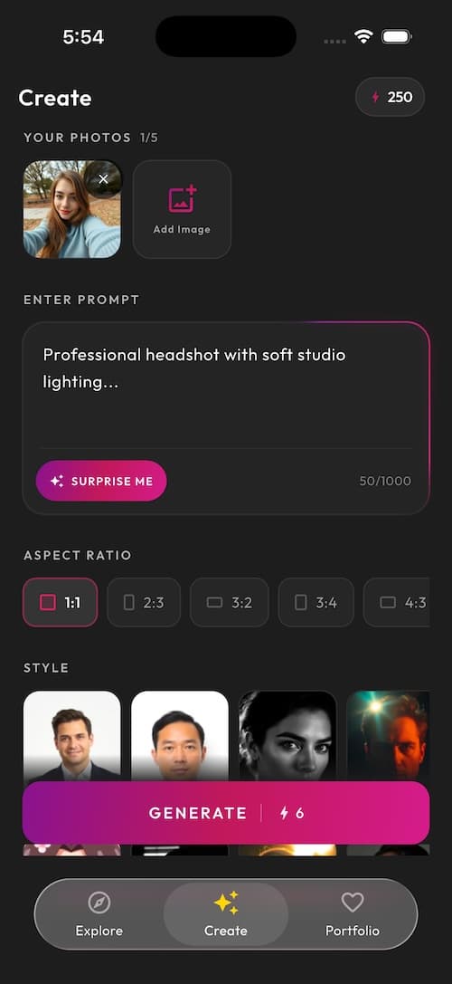 SelfAI AI headshot generator style picker on iPhone