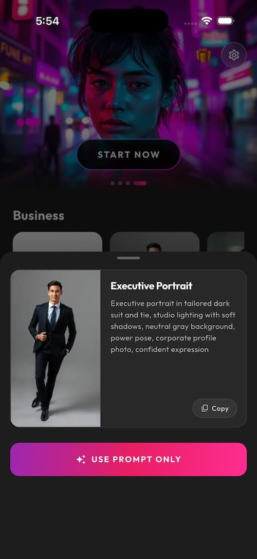 SelfAI AI portrait generator results screen on iPhone